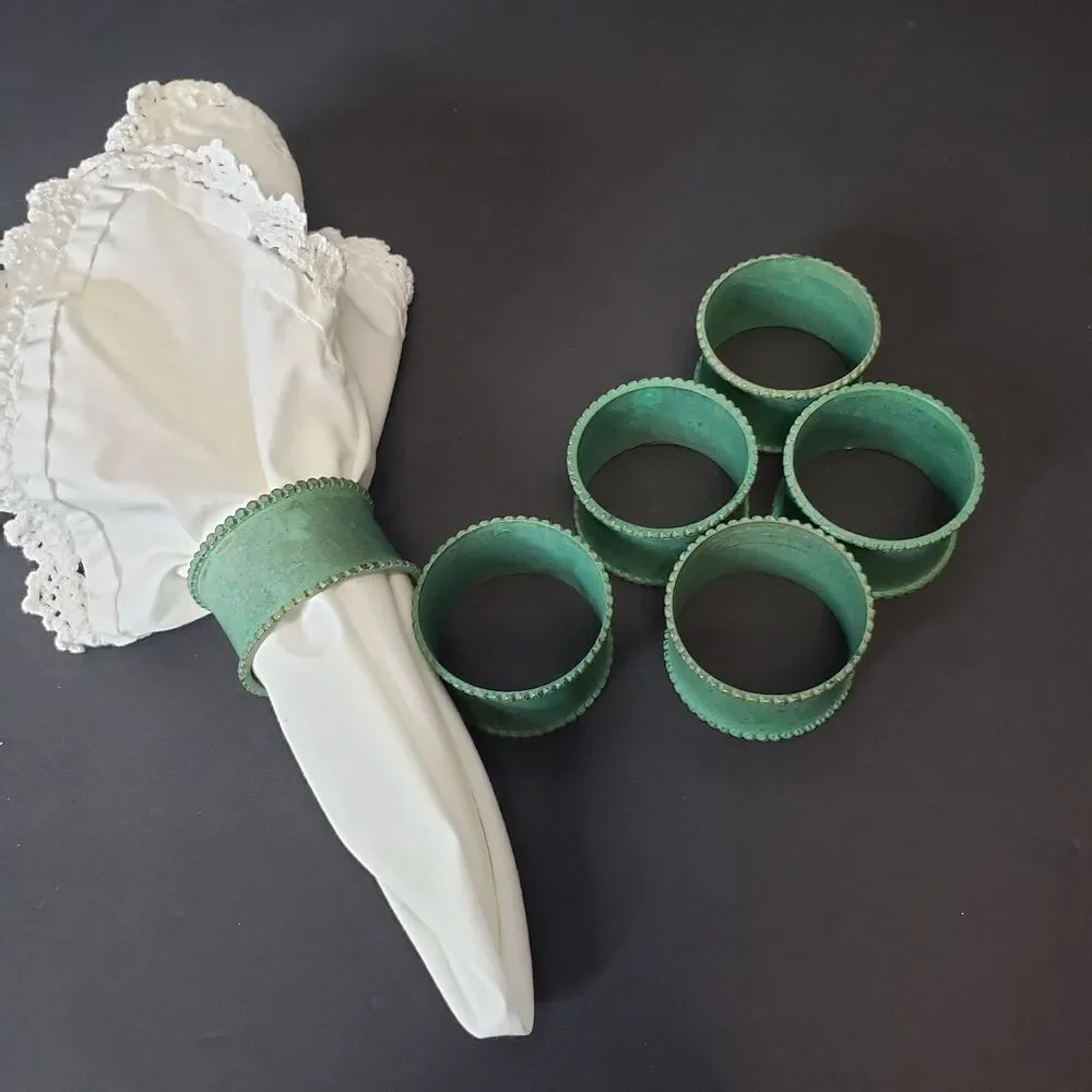 Set of 6 Rustic Green Verdigris Copper Napkin Rings Holders Coastal Table Decor